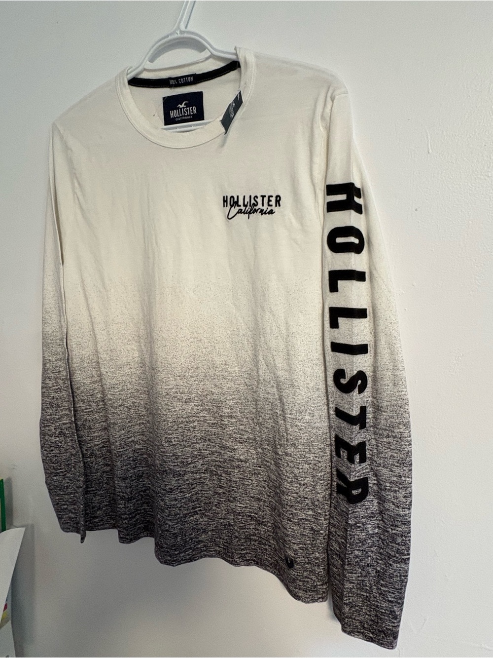 Hollister White to Black Ombre Long Sleeve Tee with Sleeve Logo